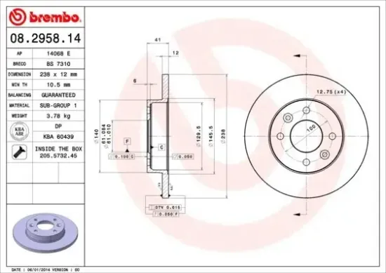 Bremsscheibe BREMBO 08.2958.14 Bild Bremsscheibe BREMBO 08.2958.14