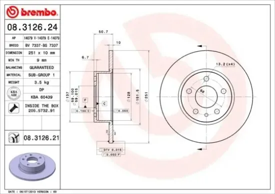 Bremsscheibe BREMBO 08.3126.21 Bild Bremsscheibe BREMBO 08.3126.21