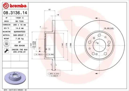 Bremsscheibe Vorderachse BREMBO 08.3136.14 Bild Bremsscheibe Vorderachse BREMBO 08.3136.14