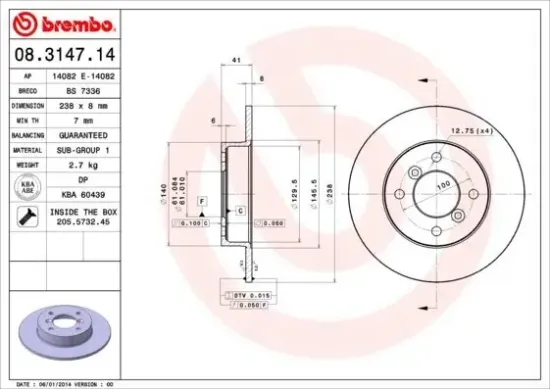Bremsscheibe Vorderachse BREMBO 08.3147.14 Bild Bremsscheibe Vorderachse BREMBO 08.3147.14