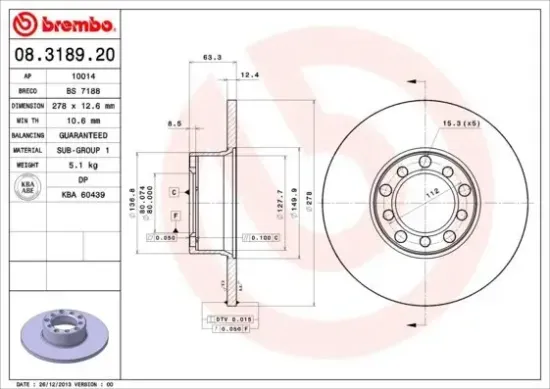 Bremsscheibe Vorderachse BREMBO 08.3189.20 Bild Bremsscheibe Vorderachse BREMBO 08.3189.20