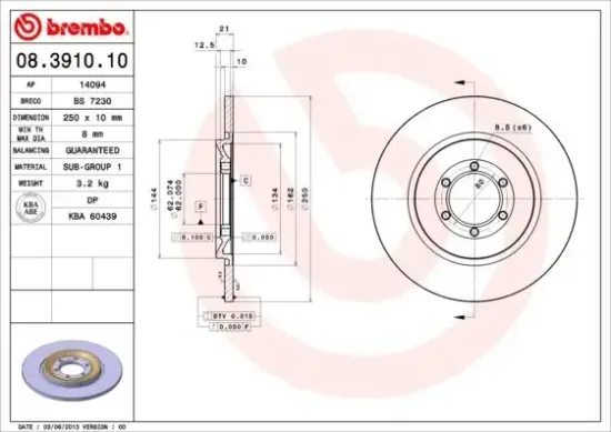 Bremsscheibe Hinterachse BREMBO 08.3910.10 Bild Bremsscheibe Hinterachse BREMBO 08.3910.10