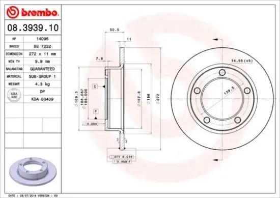 Bremsscheibe Vorderachse BREMBO 08.3939.10 Bild Bremsscheibe Vorderachse BREMBO 08.3939.10