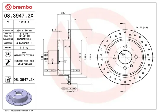 Bremsscheibe Hinterachse BREMBO 08.3947.2X Bild Bremsscheibe Hinterachse BREMBO 08.3947.2X