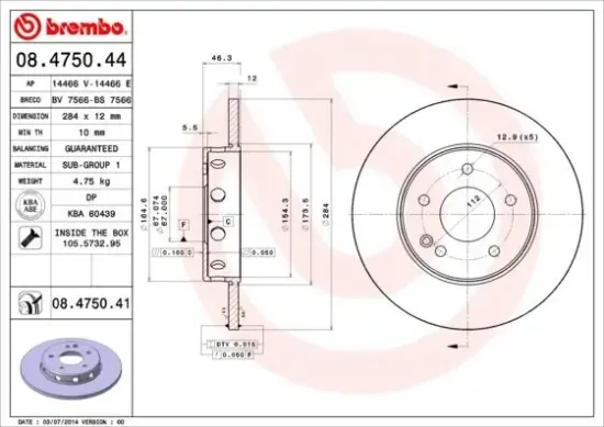 Bremsscheibe Vorderachse BREMBO 08.4750.41 Bild Bremsscheibe Vorderachse BREMBO 08.4750.41