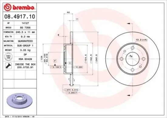Bremsscheibe Hinterachse BREMBO 08.4917.10 Bild Bremsscheibe Hinterachse BREMBO 08.4917.10