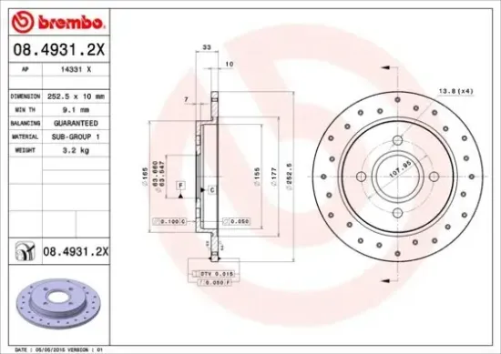 Bremsscheibe Hinterachse BREMBO 08.4931.2X Bild Bremsscheibe Hinterachse BREMBO 08.4931.2X