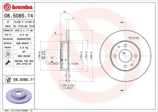 Bremsscheibe BREMBO 08.5085.11 Bild Bremsscheibe BREMBO 08.5085.11