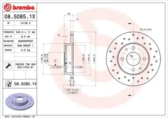 Bremsscheibe BREMBO 08.5085.1X Bild Bremsscheibe BREMBO 08.5085.1X