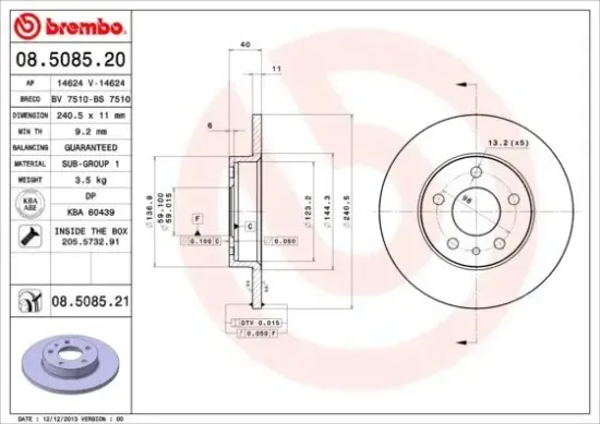 Bremsscheibe Hinterachse BREMBO 08.5085.21 Bild Bremsscheibe Hinterachse BREMBO 08.5085.21