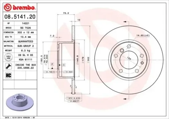 Bremsscheibe BREMBO 08.5141.20 Bild Bremsscheibe BREMBO 08.5141.20