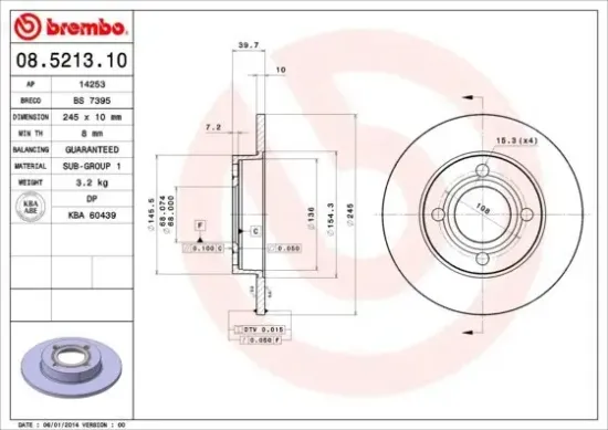Bremsscheibe Hinterachse BREMBO 08.5213.10 Bild Bremsscheibe Hinterachse BREMBO 08.5213.10