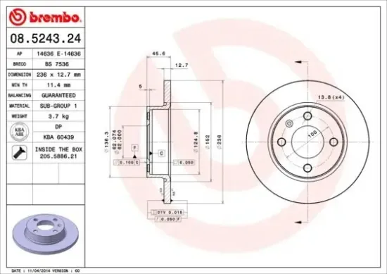 Bremsscheibe Vorderachse BREMBO 08.5243.24 Bild Bremsscheibe Vorderachse BREMBO 08.5243.24