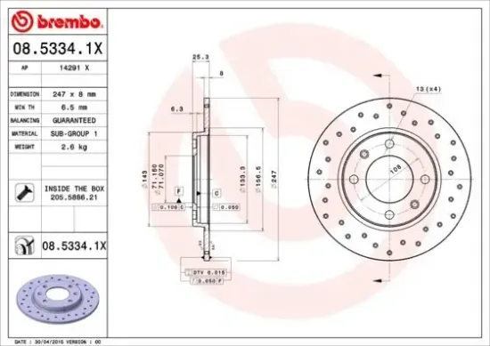 Bremsscheibe Hinterachse BREMBO 08.5334.1X Bild Bremsscheibe Hinterachse BREMBO 08.5334.1X