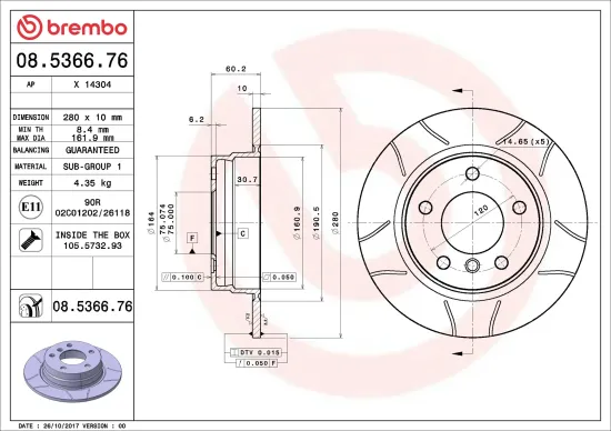 Bremsscheibe Hinterachse BREMBO 08.5366.76 Bild Bremsscheibe Hinterachse BREMBO 08.5366.76