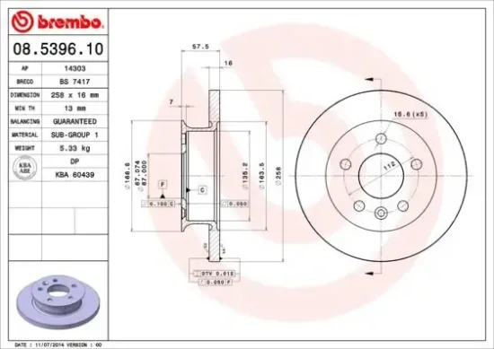 Bremsscheibe BREMBO 08.5396.10 Bild Bremsscheibe BREMBO 08.5396.10