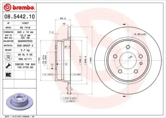 Bremsscheibe Hinterachse BREMBO 08.5442.10 Bild Bremsscheibe Hinterachse BREMBO 08.5442.10