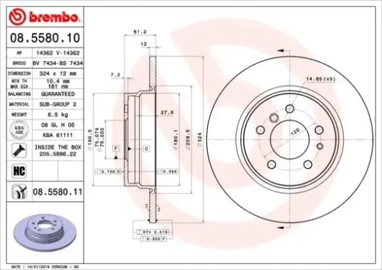 Bremsscheibe Hinterachse BREMBO 08.5580.11 Bild Bremsscheibe Hinterachse BREMBO 08.5580.11