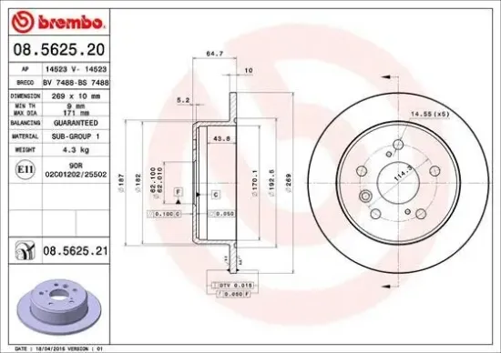 Bremsscheibe Hinterachse BREMBO 08.5625.21 Bild Bremsscheibe Hinterachse BREMBO 08.5625.21
