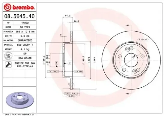 Bremsscheibe Hinterachse BREMBO 08.5645.40 Bild Bremsscheibe Hinterachse BREMBO 08.5645.40