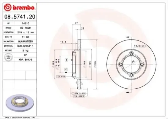 Bremsscheibe Vorderachse BREMBO 08.5741.20 Bild Bremsscheibe Vorderachse BREMBO 08.5741.20