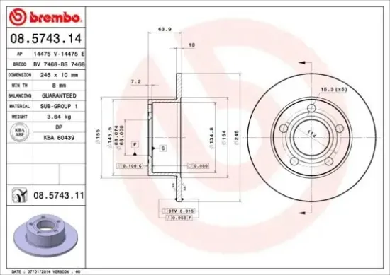 Bremsscheibe Hinterachse BREMBO 08.5743.11 Bild Bremsscheibe Hinterachse BREMBO 08.5743.11
