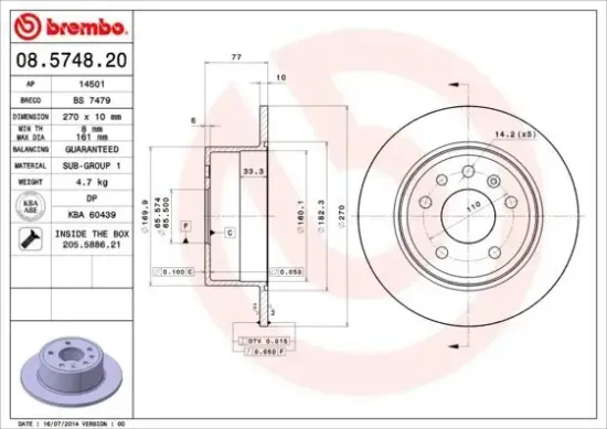 Bremsscheibe Hinterachse BREMBO 08.5748.20 Bild Bremsscheibe Hinterachse BREMBO 08.5748.20