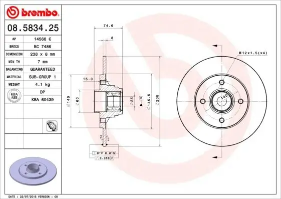 Bremsscheibe Hinterachse BREMBO 08.5834.25