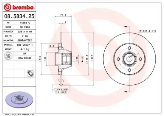 Bremsscheibe Hinterachse BREMBO 08.5834.25 Bild Bremsscheibe Hinterachse BREMBO 08.5834.25