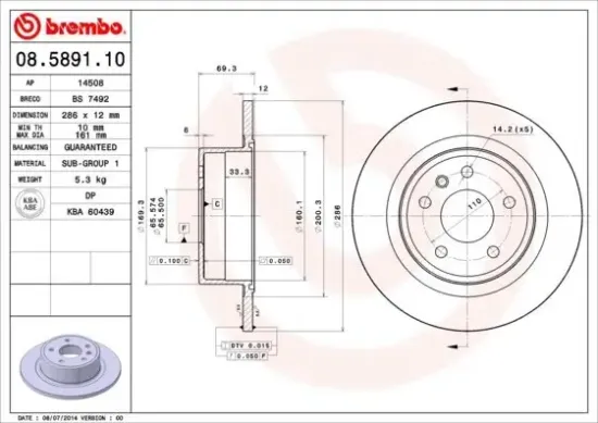 Bremsscheibe Hinterachse BREMBO 08.5891.10 Bild Bremsscheibe Hinterachse BREMBO 08.5891.10