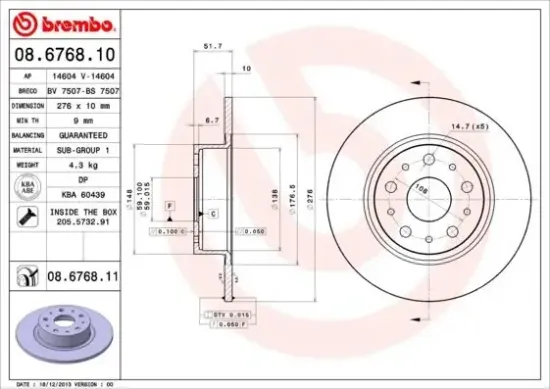 Bremsscheibe Hinterachse BREMBO 08.6768.11 Bild Bremsscheibe Hinterachse BREMBO 08.6768.11