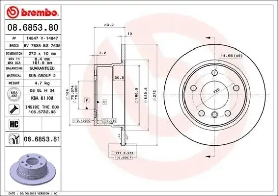 Bremsscheibe Hinterachse BREMBO 08.6853.81 Bild Bremsscheibe Hinterachse BREMBO 08.6853.81
