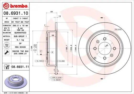 Bremsscheibe Hinterachse BREMBO 08.6931.11
