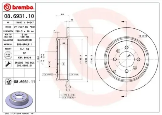 Bremsscheibe Hinterachse BREMBO 08.6931.11 Bild Bremsscheibe Hinterachse BREMBO 08.6931.11