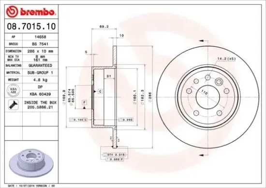 Bremsscheibe Hinterachse BREMBO 08.7015.10 Bild Bremsscheibe Hinterachse BREMBO 08.7015.10