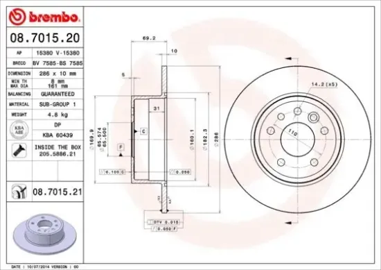 Bremsscheibe Hinterachse BREMBO 08.7015.21 Bild Bremsscheibe Hinterachse BREMBO 08.7015.21