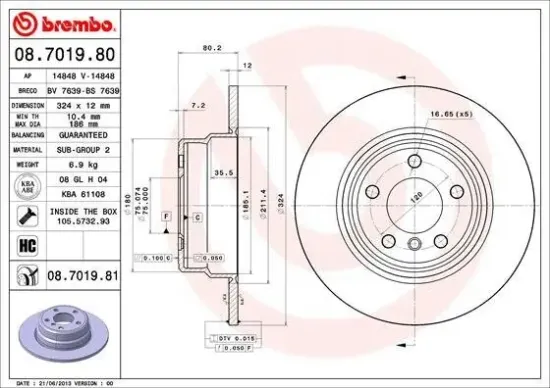 Bremsscheibe Hinterachse BREMBO 08.7019.81 Bild Bremsscheibe Hinterachse BREMBO 08.7019.81