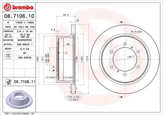 Bremsscheibe Hinterachse BREMBO 08.7106.11 Bild Bremsscheibe Hinterachse BREMBO 08.7106.11