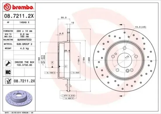 Bremsscheibe Hinterachse BREMBO 08.7211.2X Bild Bremsscheibe Hinterachse BREMBO 08.7211.2X