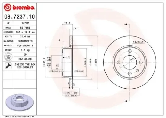 Bremsscheibe BREMBO 08.7237.10 Bild Bremsscheibe BREMBO 08.7237.10