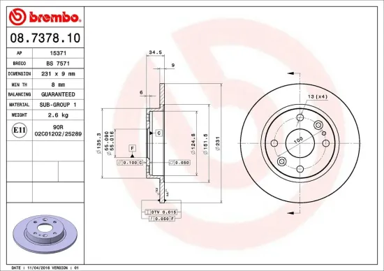 Bremsscheibe BREMBO 08.7378.10 Bild Bremsscheibe BREMBO 08.7378.10