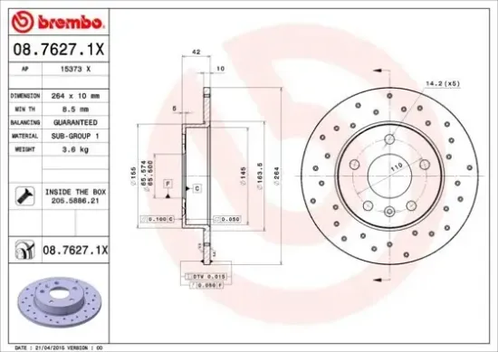 Bremsscheibe BREMBO 08.7627.1X Bild Bremsscheibe BREMBO 08.7627.1X