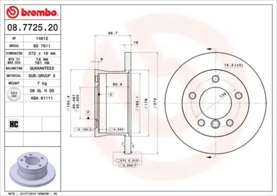 Bremsscheibe Hinterachse BREMBO 08.7725.20 Bild Bremsscheibe Hinterachse BREMBO 08.7725.20