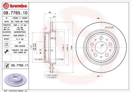 Bremsscheibe Hinterachse BREMBO 08.7765.11 Bild Bremsscheibe Hinterachse BREMBO 08.7765.11