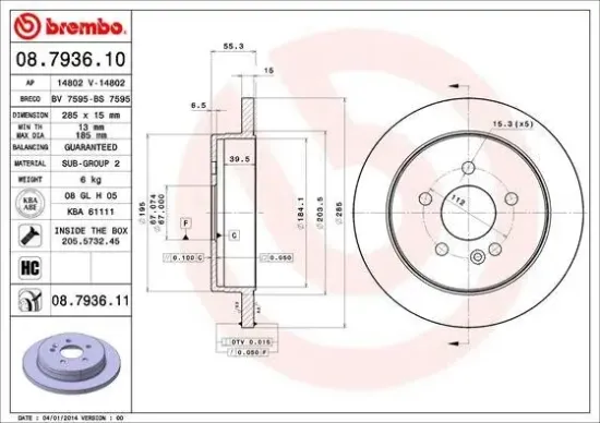 Bremsscheibe Hinterachse BREMBO 08.7936.11 Bild Bremsscheibe Hinterachse BREMBO 08.7936.11