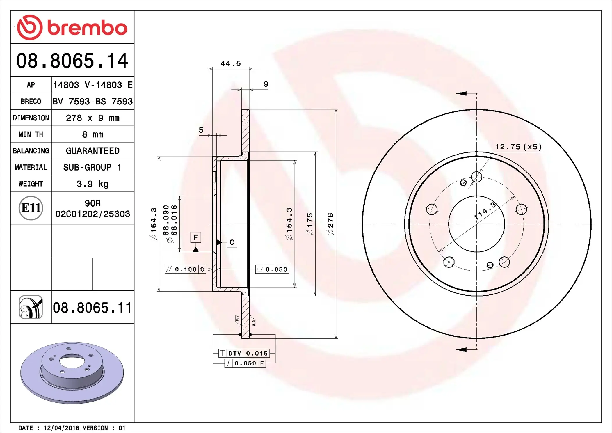 Bremsscheibe Hinterachse BREMBO 08.8065.14