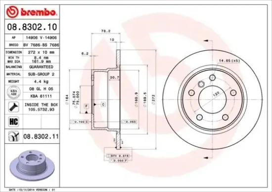 Bremsscheibe Hinterachse BREMBO 08.8302.11 Bild Bremsscheibe Hinterachse BREMBO 08.8302.11