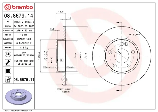 Bremsscheibe Vorderachse BREMBO 08.8679.11 Bild Bremsscheibe Vorderachse BREMBO 08.8679.11