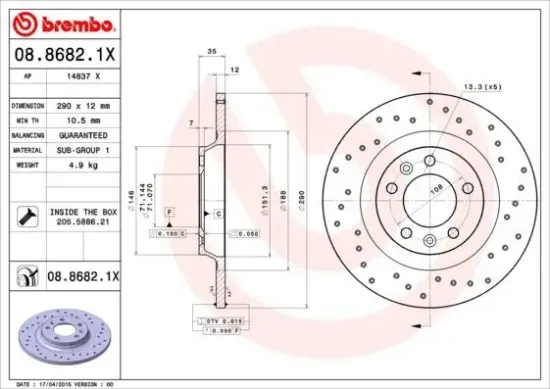 Bremsscheibe Hinterachse BREMBO 08.8682.1X Bild Bremsscheibe Hinterachse BREMBO 08.8682.1X