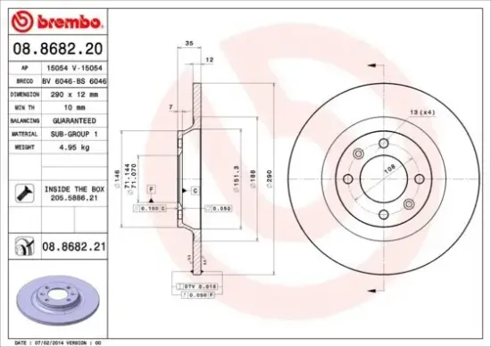 Bremsscheibe Hinterachse BREMBO 08.8682.21 Bild Bremsscheibe Hinterachse BREMBO 08.8682.21